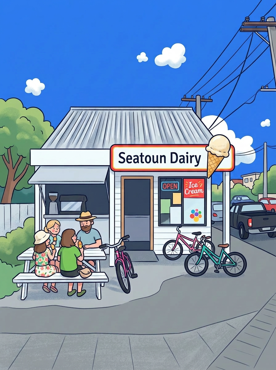 Hand-drawn illustration of the Seatoun Dairy shopfront with families enjoying ice cream out front.